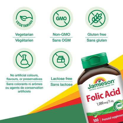 Jamieson Folic Acid 1 mg - 100 Tablets | Prenatal & Preconception Support | Non-GMO