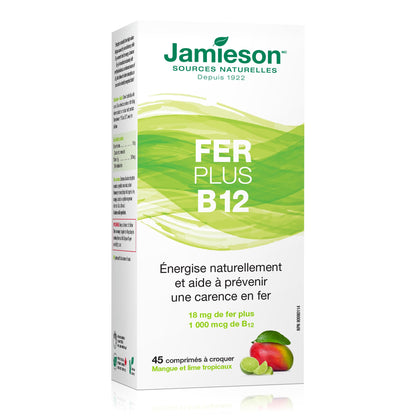 Jamieson Iron + Vitamin B12, 45 Chewable Tabs | Mango Lime Flavor | Gluten-Free