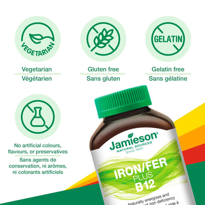 Jamieson Iron + Vitamin B12, 45 Chewable Tabs | Mango Lime Flavor | Gluten-Free