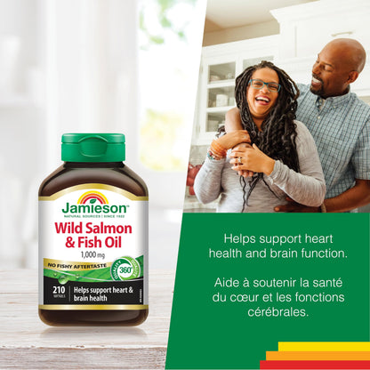 Jamieson No Fishy Aftertaste - Wild Salmon & Fish Oil 210 SoftGels | Omega-3 EPA & DHA