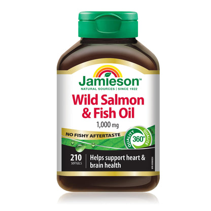 Jamieson No Fishy Aftertaste - Wild Salmon & Fish Oil 210 SoftGels | Omega-3 EPA & DHA