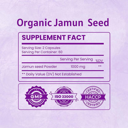 Ireya Ayurveda Jamun Seed 1000mg (120 Capsules) – Organic Indian Blackberry (Eugenia jambolana) – 60-Day Supply