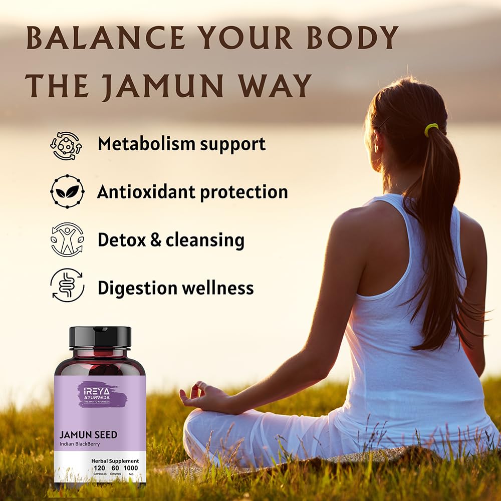 Ireya Ayurveda Jamun Seed 1000mg (120 Capsules) – Organic Indian Blackberry (Eugenia jambolana) – 60-Day Supply