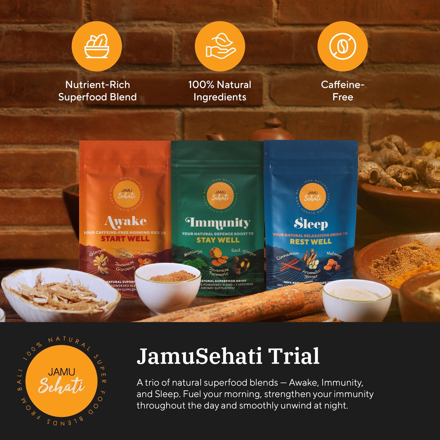 JAMUSEHATI Variety Pack – Bali Natural Superfoods (Awake, Immunity, Sleep) – 3 Sachets