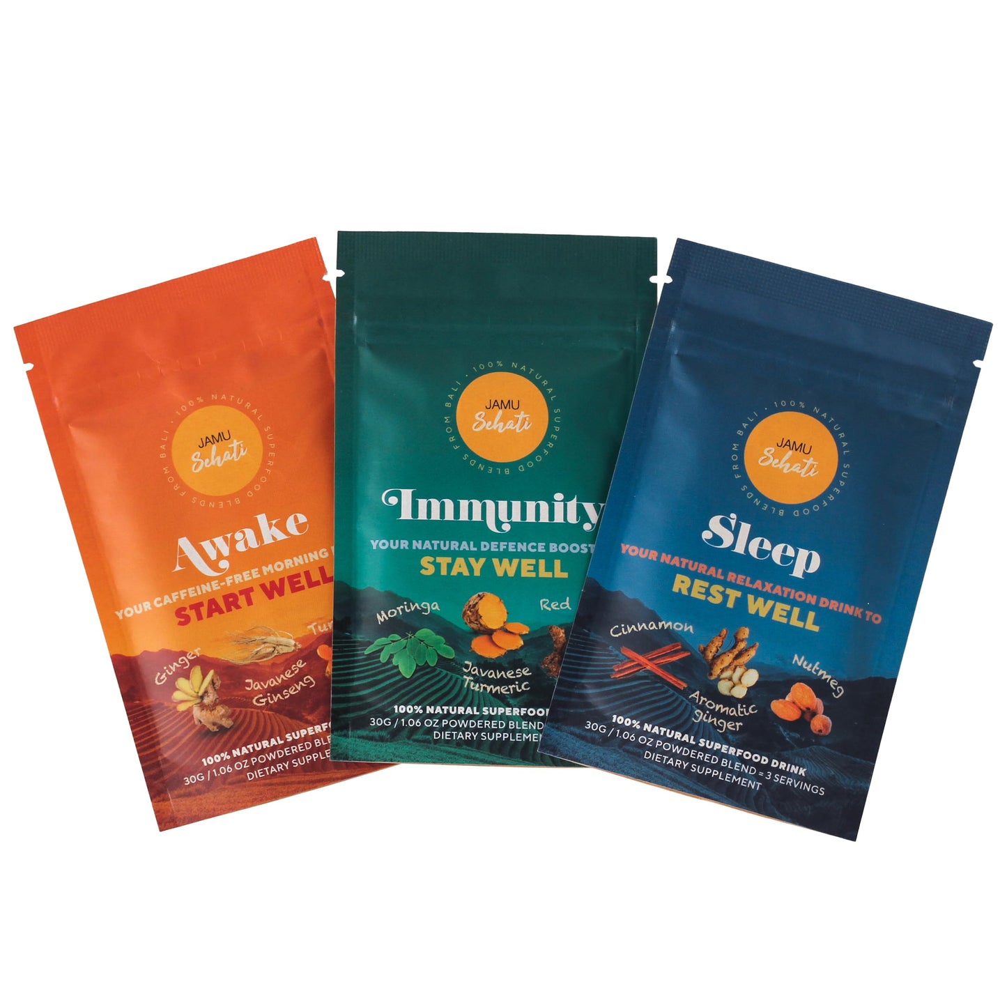 JAMUSEHATI Variety Pack – Bali Natural Superfoods (Awake, Immunity, Sleep) – 3 Sachets