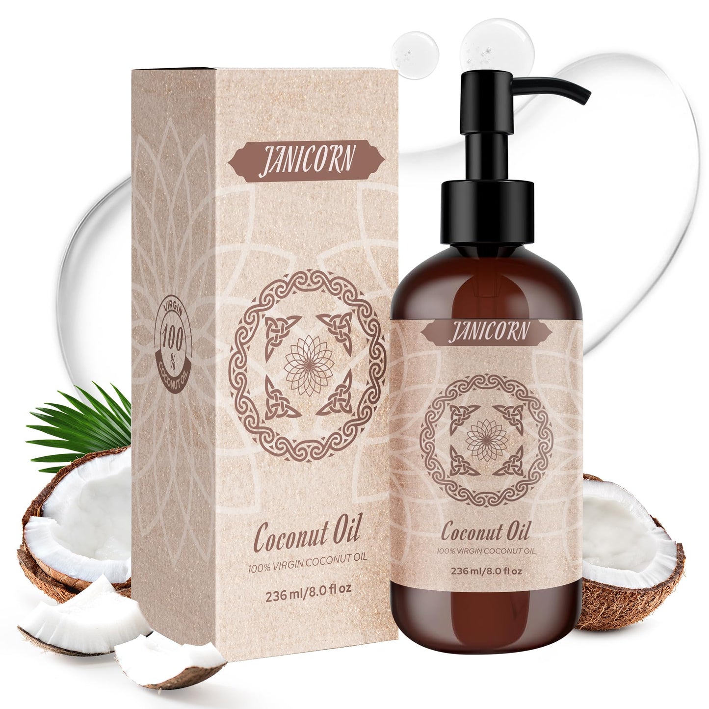 JANICORN 100% Pure Coconut Oil – Cold-Pressed & Unscented Carrier Oil (236 ml)