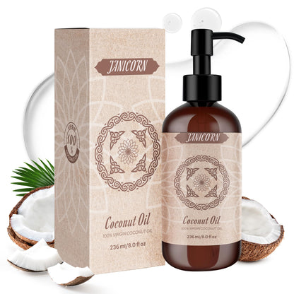 JANICORN 100% Pure Coconut Oil – Cold-Pressed & Unscented Carrier Oil (236 ml)
