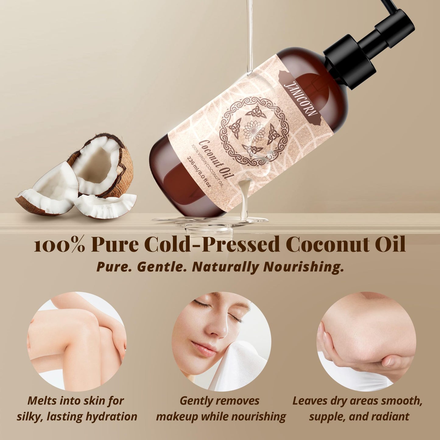 JANICORN 100% Pure Coconut Oil – Cold-Pressed & Unscented Carrier Oil (236 ml)