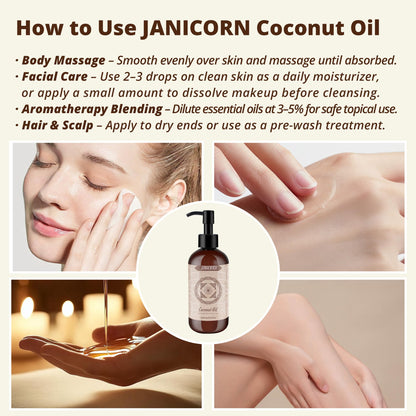 JANICORN 100% Pure Coconut Oil – Cold-Pressed & Unscented Carrier Oil (236 ml)