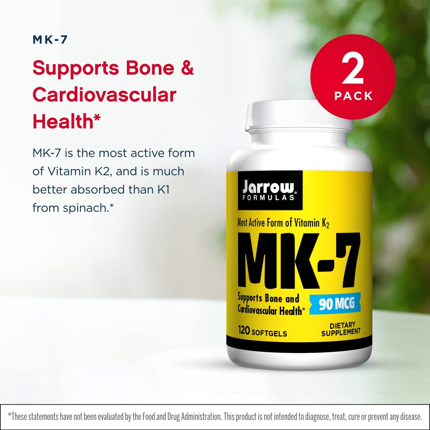 Jarrow Formulas MK-7 90 mcg – 120 Softgels (Pack of 2) | Vitamin K2 for Bones & Heart Health