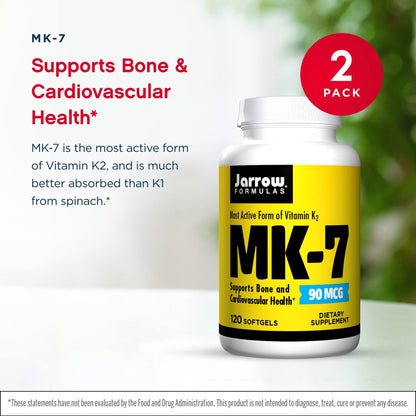 Jarrow Formulas MK-7 90 mcg – 120 Softgels (Pack of 2) | Vitamin K2 for Bones & Heart Health