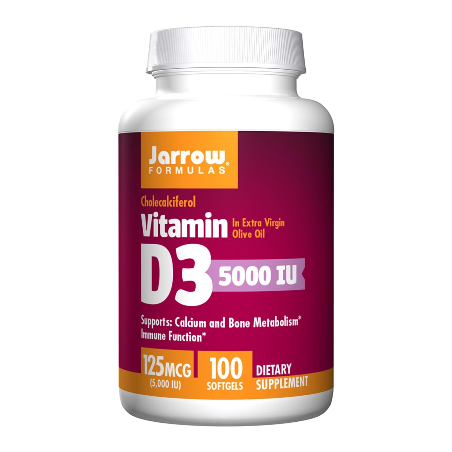 Jarrow Formulas Vitamin D3 5000 IU – 100 Softgels, Pack of 2 | Immune & Bone Support