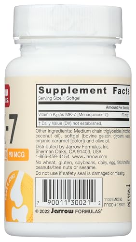 Jarrow Formulas MK-7 90 mcg – Vitamin K2 (MK-7), 90 Softgels