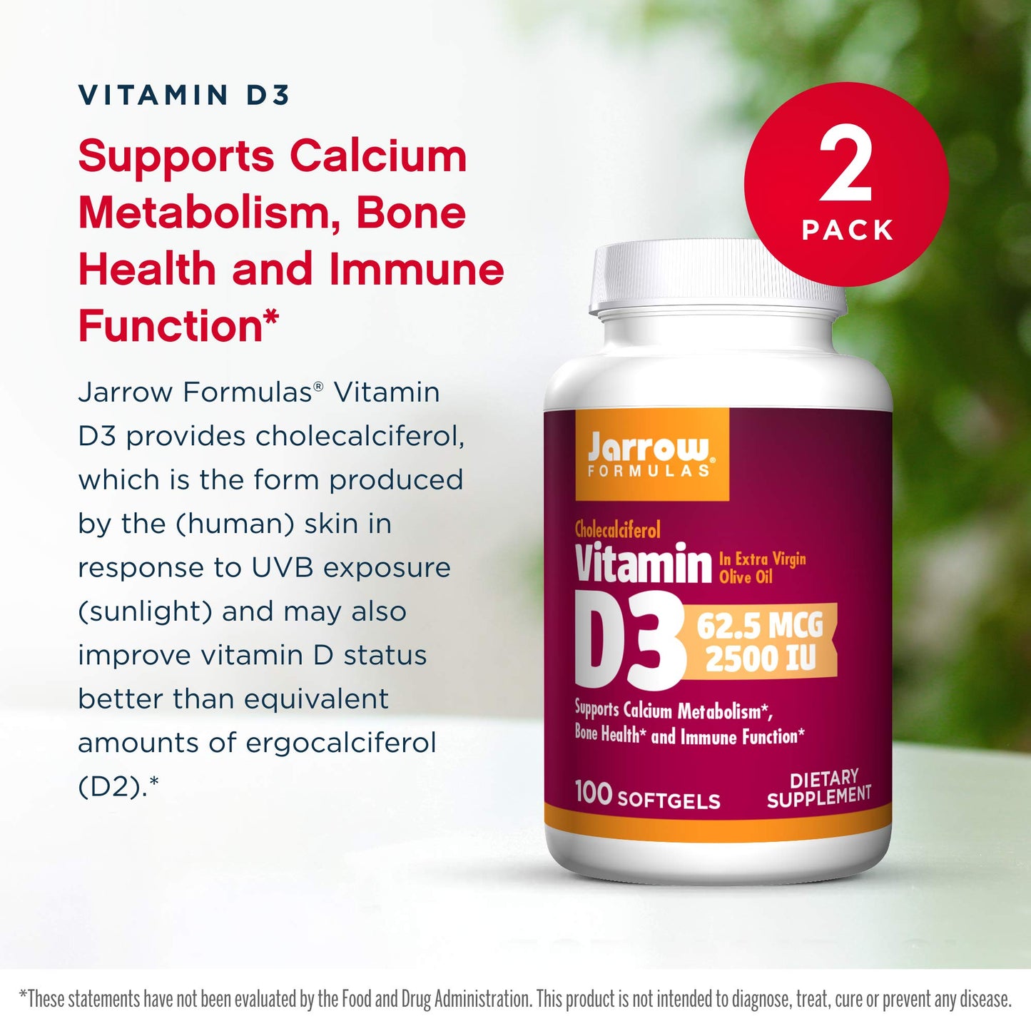 Jarrow Formulas Vitamin D3 2500 IU – 100 Softgels, Pack of 2 | Bone Health, Immune Support & Calcium Metabolism