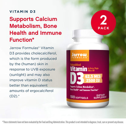 Jarrow Formulas Vitamin D3 2500 IU – 100 Softgels, Pack of 2 | Bone Health, Immune Support & Calcium Metabolism
