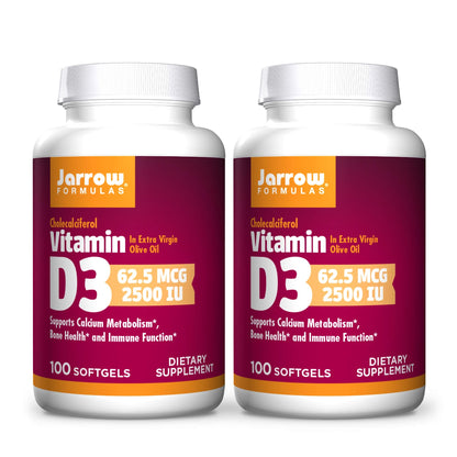 Jarrow Formulas Vitamin D3 2500 IU – 100 Softgels, Pack of 2 | Bone Health, Immune Support & Calcium Metabolism
