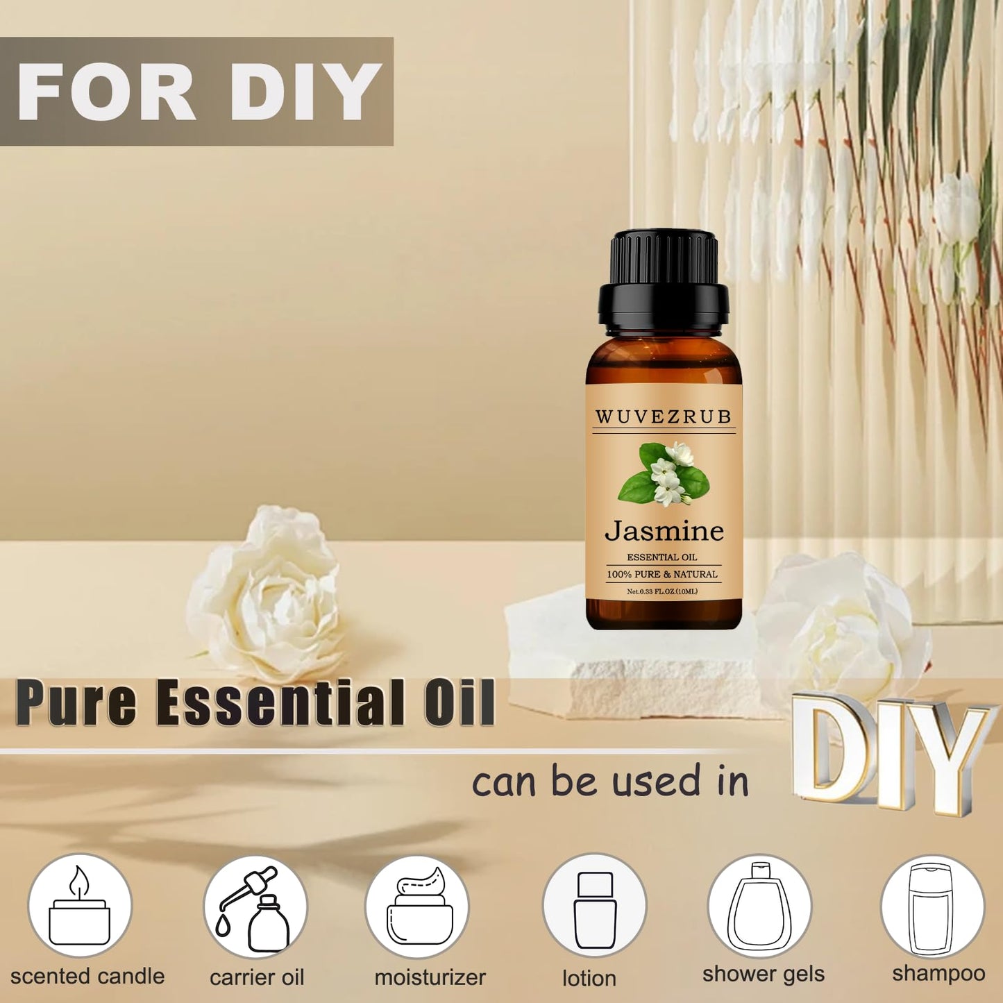 Jasmine Essential Oil 10ml – Organic 100% Pure & Natural for Aromatherapy Diffuser (0.33 fl oz)