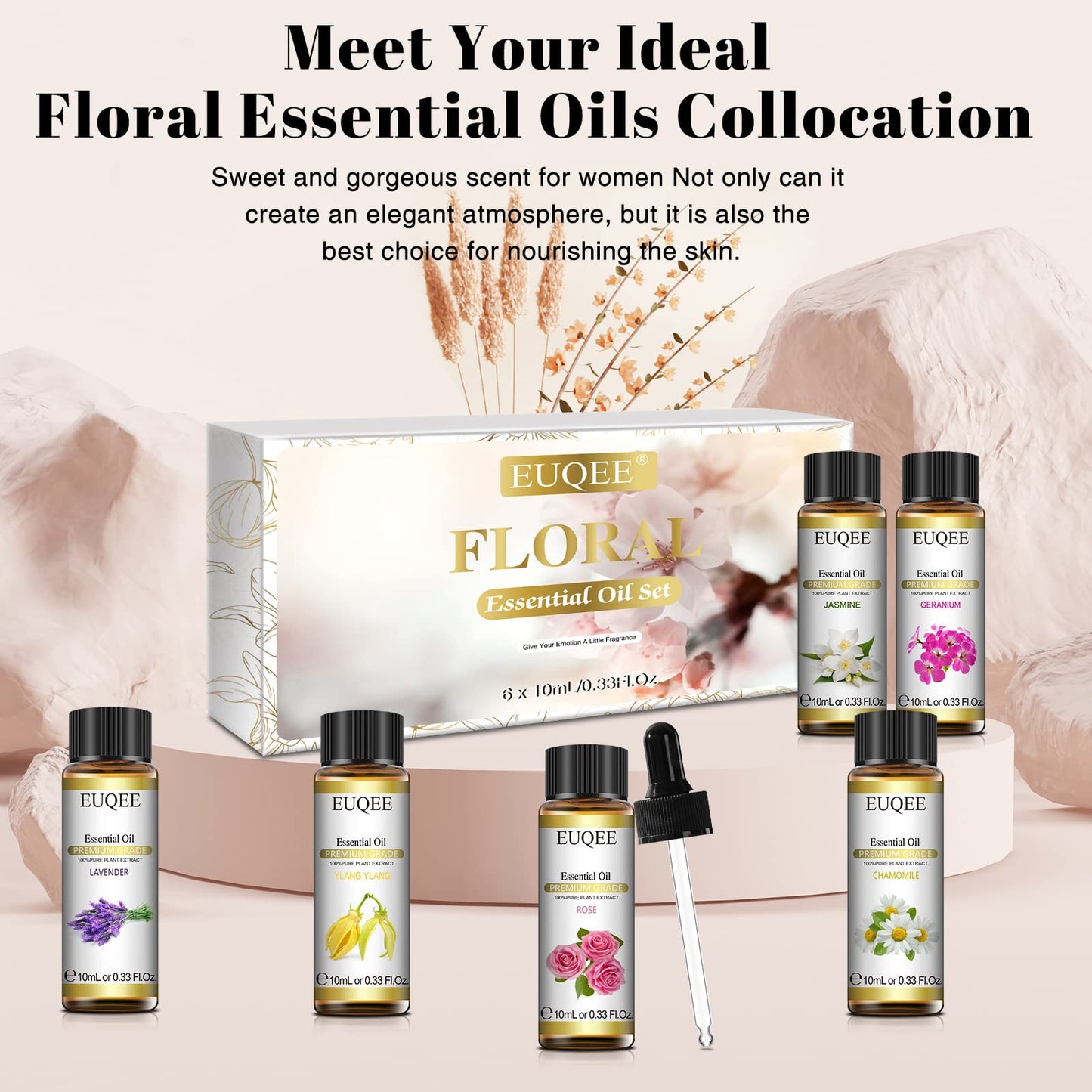 EUQEE Floral Essential Oils Set of 6 – 10ml Diffuser, Soap & Candle Oils