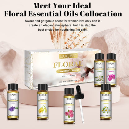 EUQEE Floral Essential Oils Set of 6 – 10ml Diffuser, Soap & Candle Oils
