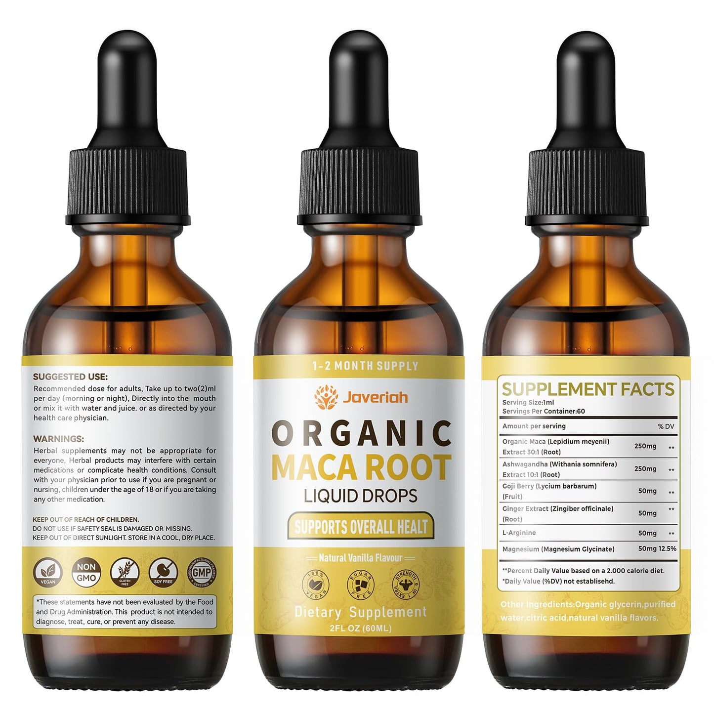 Javeriah Organic Maca Root Drops with Ashwagandha – 2oz Tincture for Women & Men