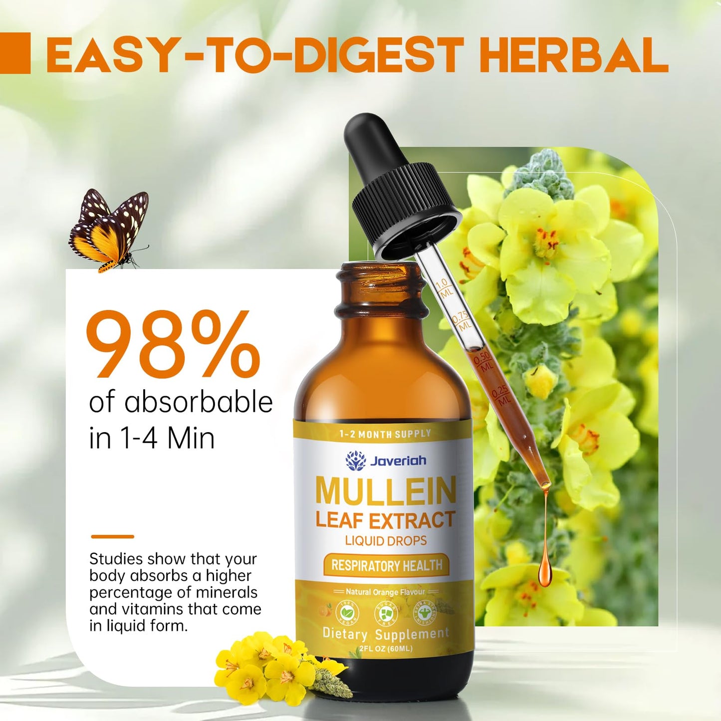 Javeriah Mullein Drops for Lungs Cleanse - 2 Fl Oz with Cordyceps, Marshmallow Root & Licorice Root