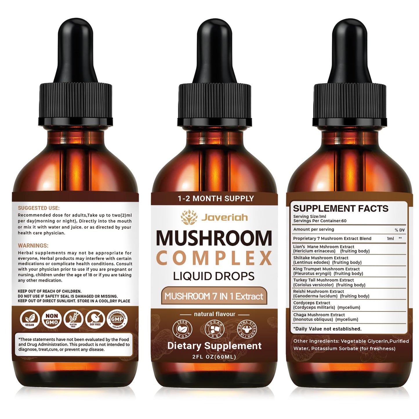Javeriah Mushroom Complex Liquid Drops 7-in-1 | Lion's Mane, Reishi, Turkey Tail, Shiitake, Cordyceps, Chaga, King Trumpet 4 fl oz (2 Pack)