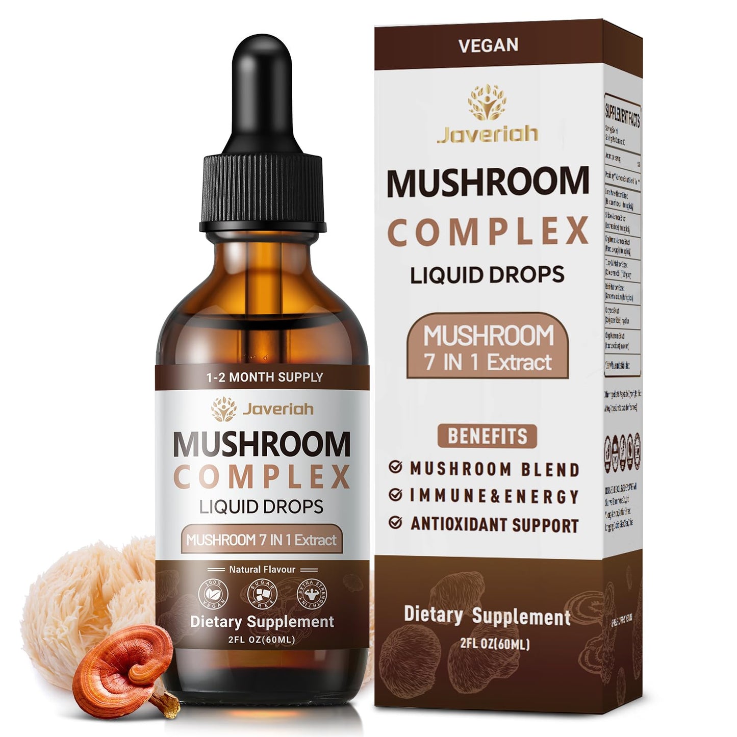 Javeriah Mushroom Complex Liquid Drops 7-in-1 | Lion's Mane, Reishi, Turkey Tail, Shiitake, Cordyceps, Chaga, King Trumpet 4 fl oz (2 Pack)