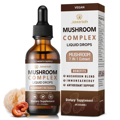 Javeriah Mushroom Complex Liquid Drops 7-in-1 | Lion's Mane, Reishi, Turkey Tail, Shiitake, Cordyceps, Chaga, King Trumpet 4 fl oz (2 Pack)