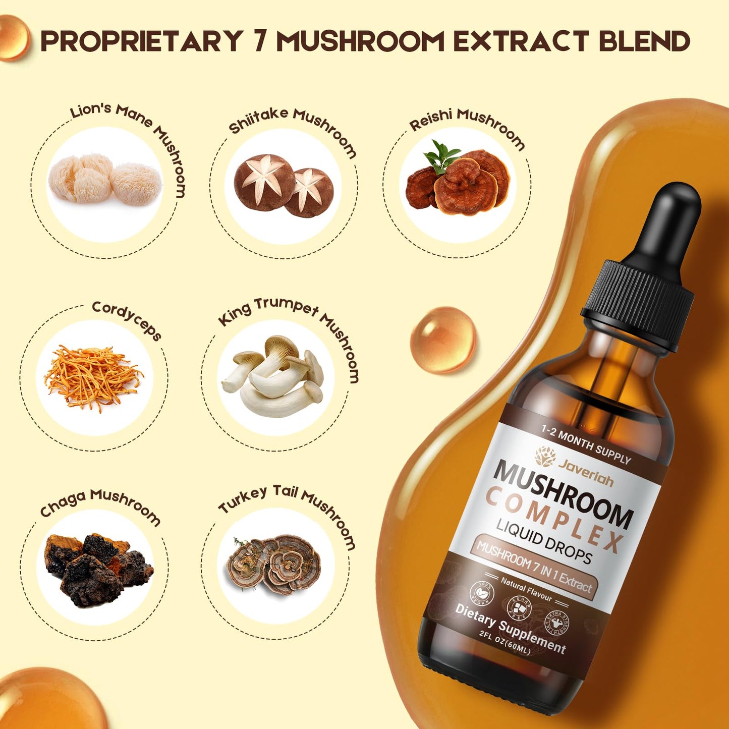 Javeriah Mushroom Complex Liquid Drops 7-in-1 | Lion's Mane, Reishi, Turkey Tail, Shiitake, Cordyceps, Chaga, King Trumpet 4 fl oz (2 Pack)