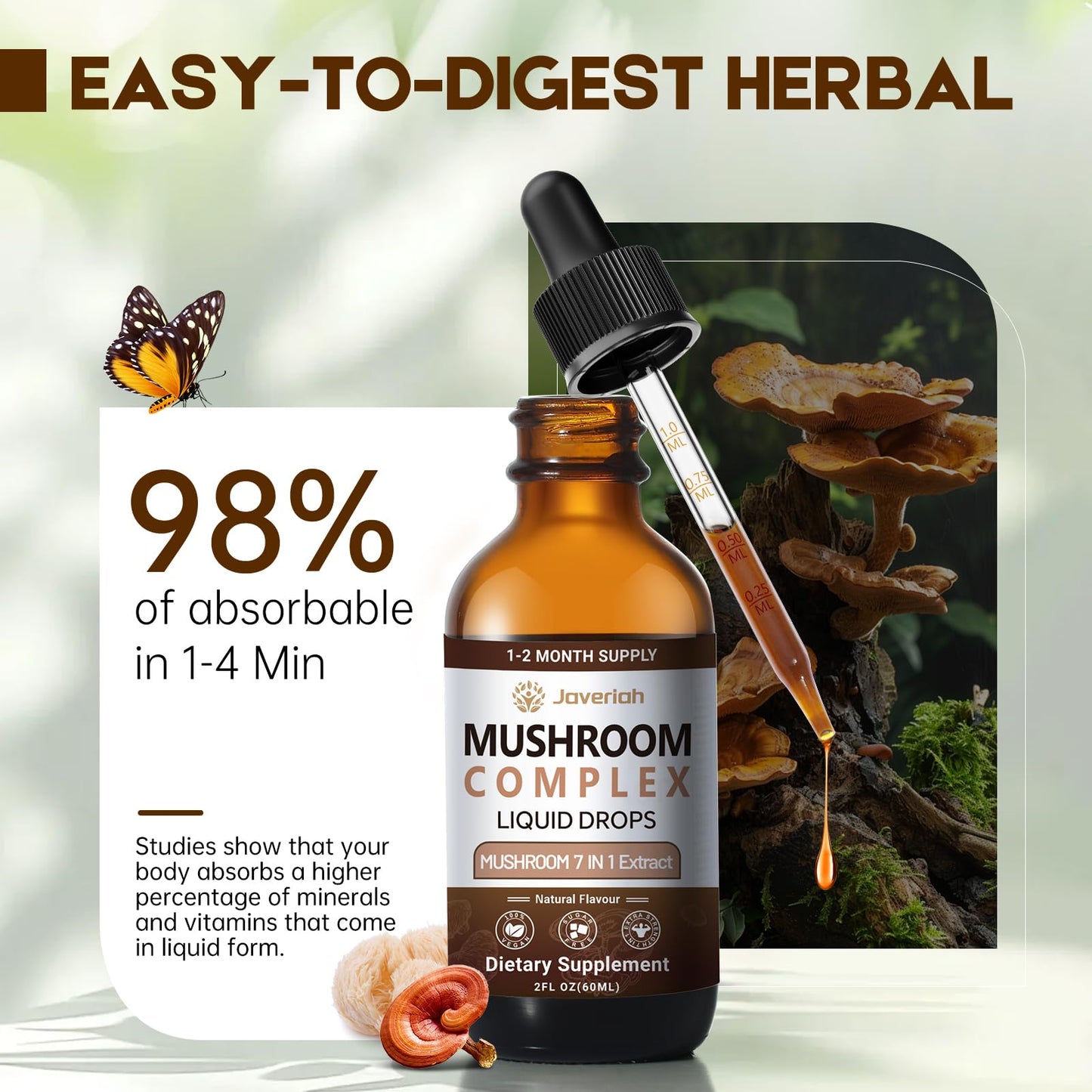 Javeriah Mushroom Complex Liquid Drops 7-in-1 | Lion's Mane, Reishi, Turkey Tail, Shiitake, Cordyceps, Chaga, King Trumpet 4 fl oz (2 Pack)