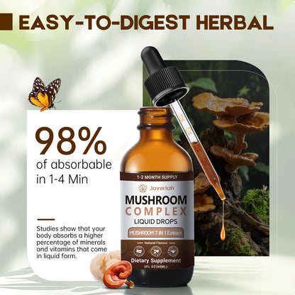 Javeriah Mushroom Complex Liquid Drops 7-in-1 | Lion's Mane, Reishi, Turkey Tail, Shiitake, Cordyceps, Chaga, King Trumpet 4 fl oz (2 Pack)