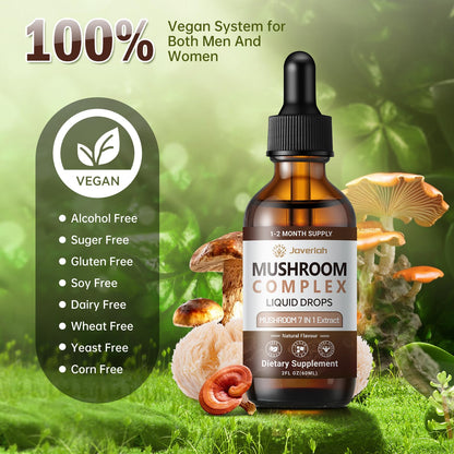 Javeriah Mushroom Complex Liquid Drops 7-in-1 | Lion's Mane, Reishi, Turkey Tail, Shiitake, Cordyceps, Chaga, King Trumpet 4 fl oz (2 Pack)