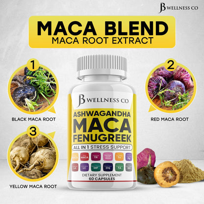 JB Wellness Co. Ashwagandha Maca Fenugreek with Tongkat Ali & Ginseng – Mood & Thyroid Support (60 Count)