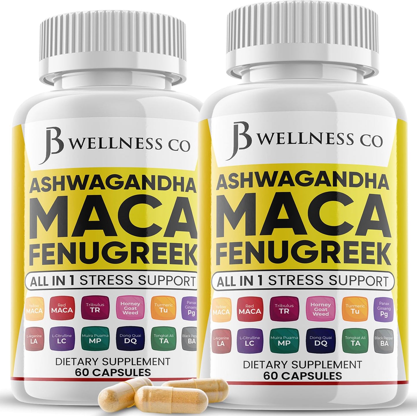 JB WELLNESS CO Ashwagandha Maca Fenugreek Supplement with Tongkat Ali & Ginseng - Mood & Thyroid Support - Made in USA - 120 Count