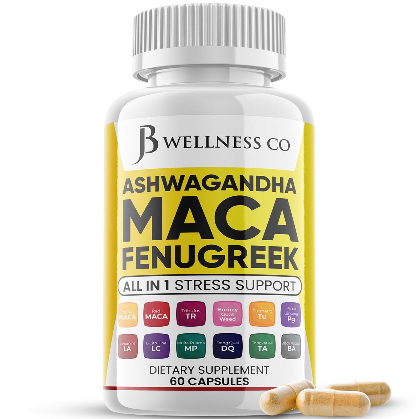 JB Wellness Co. Ashwagandha Maca Fenugreek with Tongkat Ali & Ginseng – Mood & Thyroid Support (60 Count)