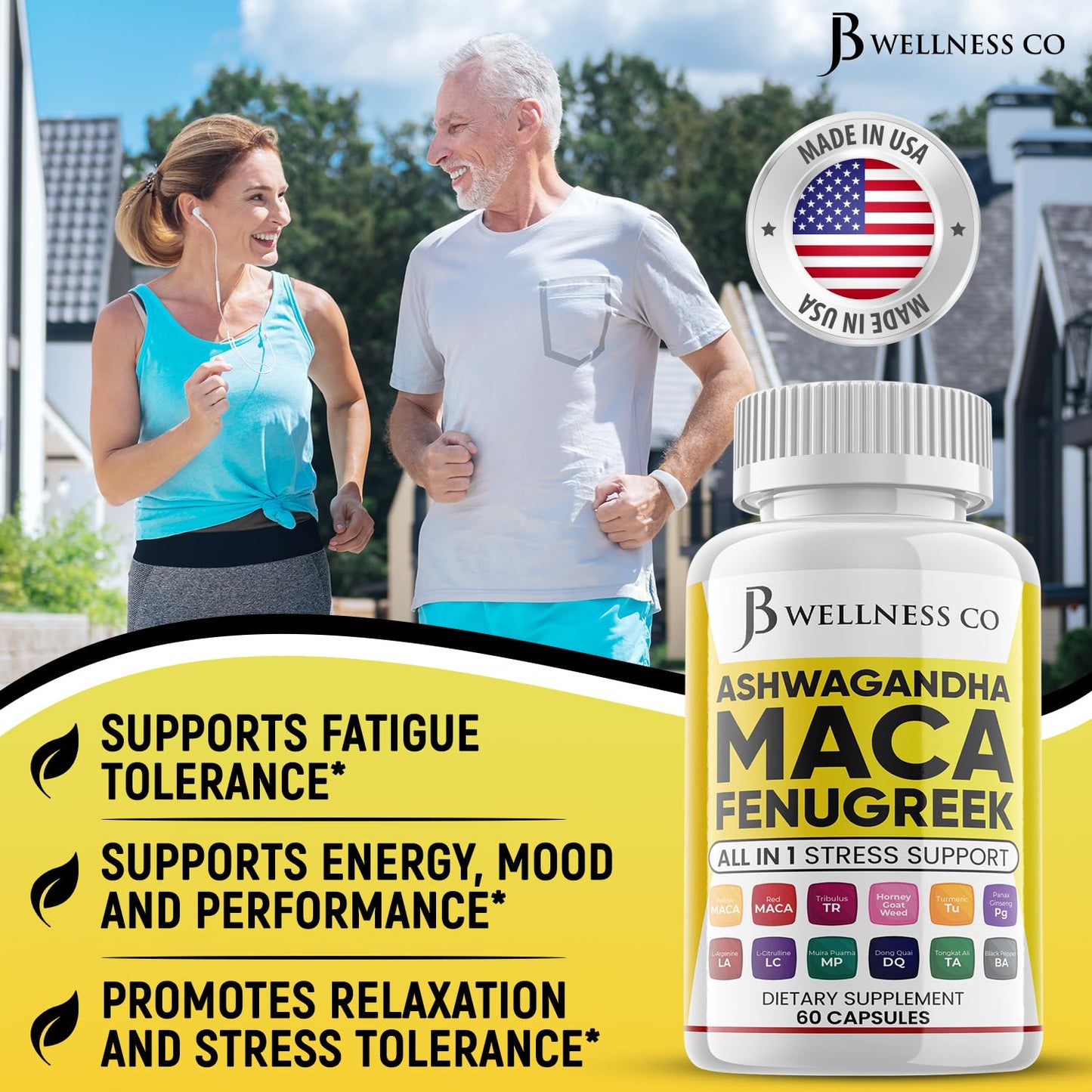 JB Wellness Co. Ashwagandha Maca Fenugreek with Tongkat Ali & Ginseng – Mood & Thyroid Support (60 Count)