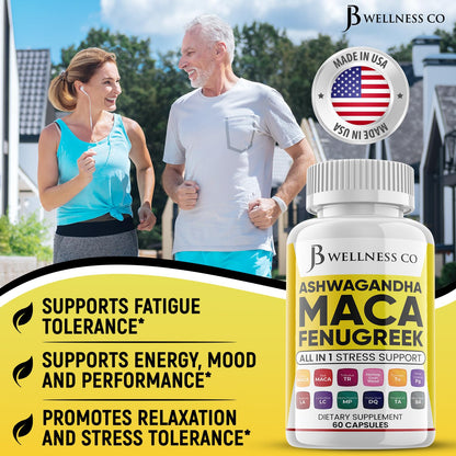 JB Wellness Co. Ashwagandha Maca Fenugreek with Tongkat Ali & Ginseng – Mood & Thyroid Support (60 Count)