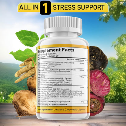 JB WELLNESS CO Ashwagandha Maca Fenugreek Supplement with Tongkat Ali & Ginseng - Mood & Thyroid Support - Made in USA - 120 Count