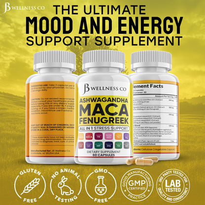 JB WELLNESS CO Ashwagandha Maca Fenugreek Supplement with Tongkat Ali & Ginseng - Mood & Thyroid Support - Made in USA - 120 Count