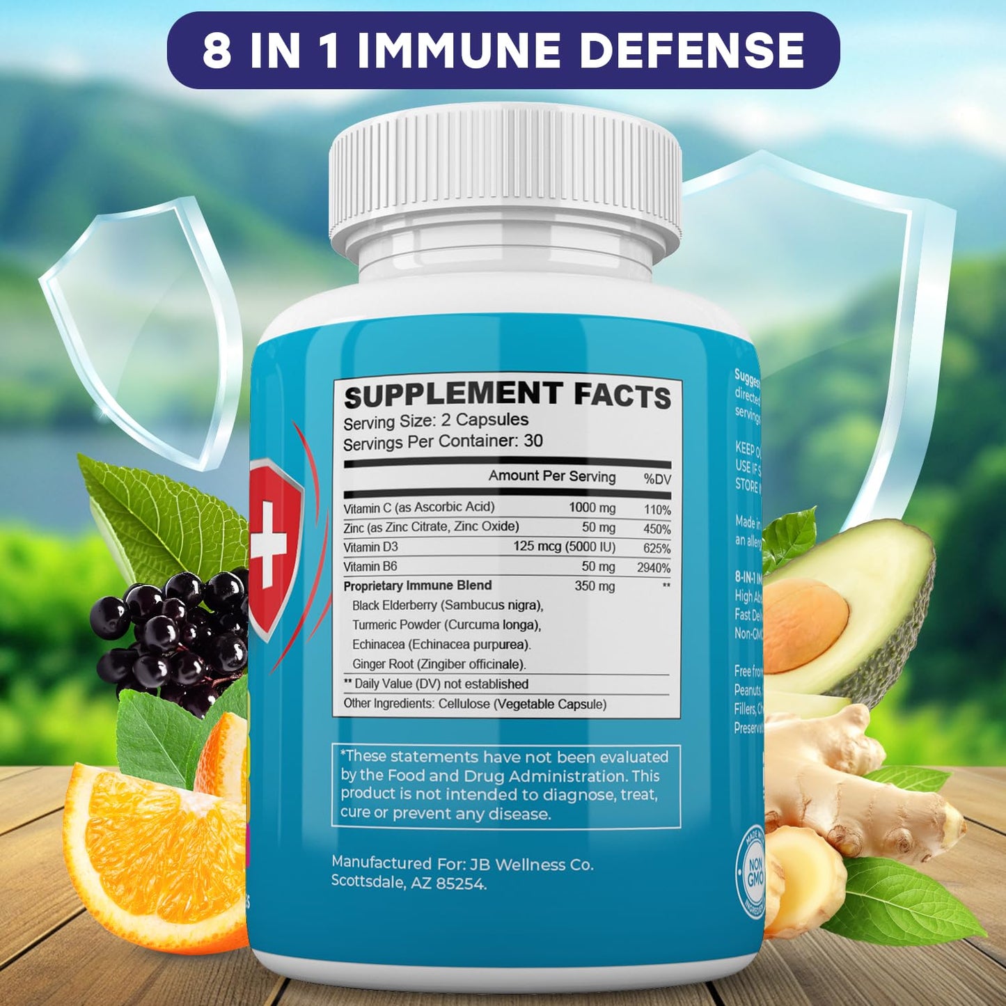 JB Wellness Co Immune Support 8-in-1 Capsules | Zinc, Vitamin D3, Vitamin C & Elderberry - 2-Pack