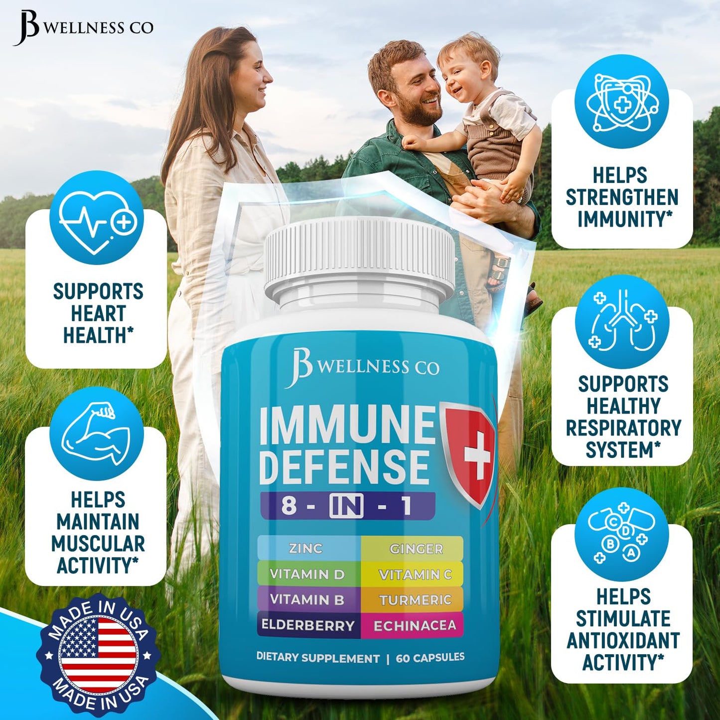 JB Wellness Co Immune Support 8-in-1 Capsules | Zinc, Vitamin D3, Vitamin C & Elderberry - 2-Pack