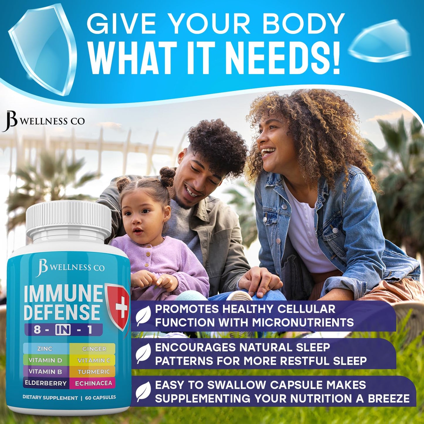 JB Wellness Co Immune Support 8-in-1 Capsules | Zinc, Vitamin D3, Vitamin C & Elderberry - 2-Pack