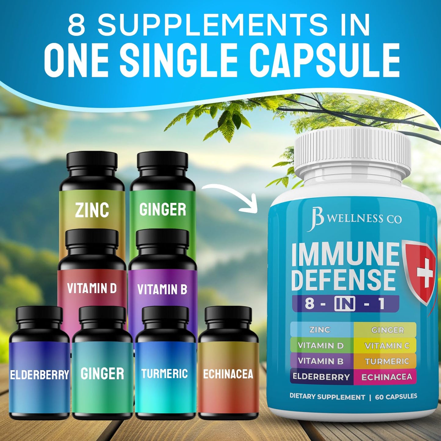 JB Wellness Co Immune Support 8-in-1 Capsules | Zinc, Vitamin D3, Vitamin C & Elderberry - 2-Pack