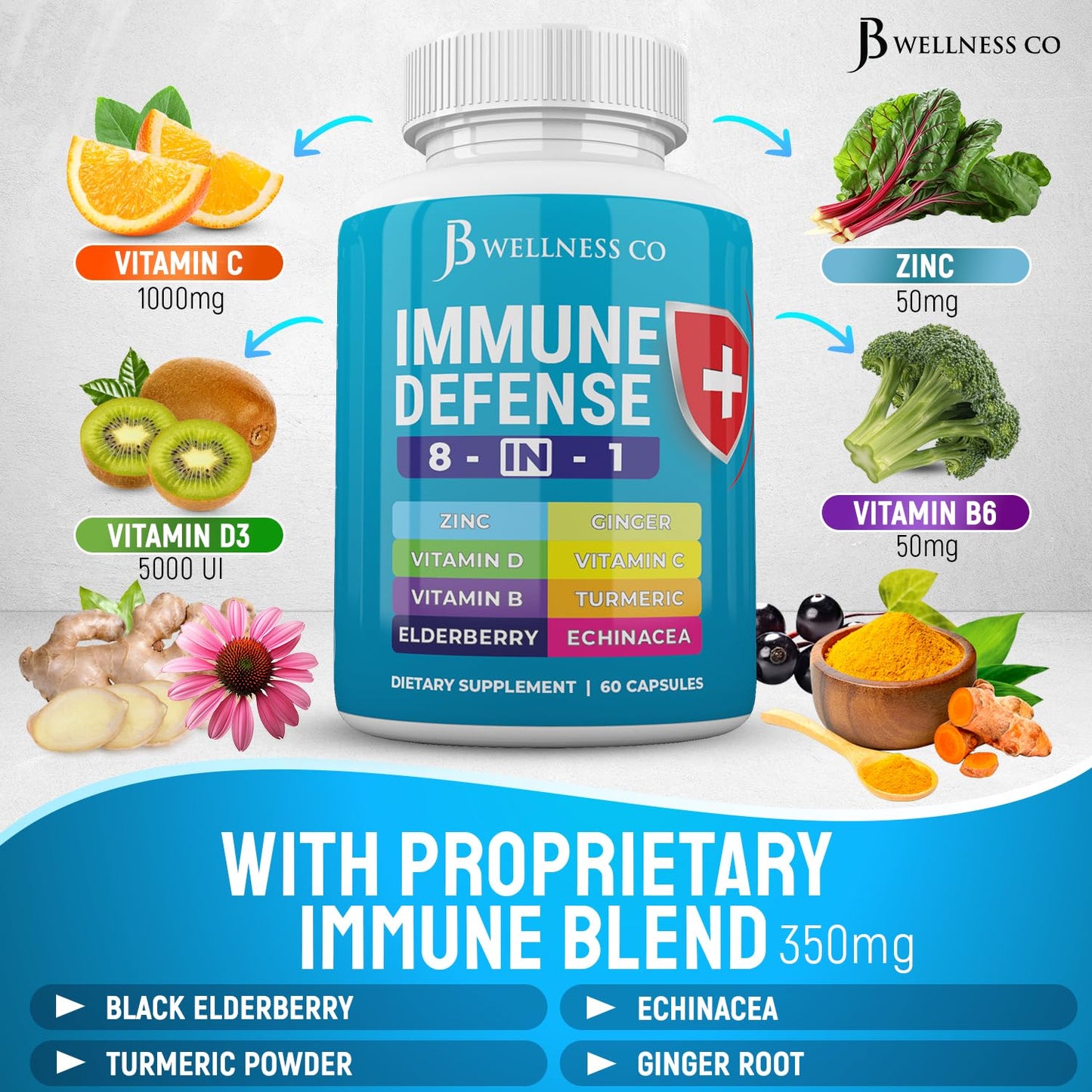 JB Wellness Co Immune Support 8-in-1 Capsules | Zinc, Vitamin D3, Vitamin C & Elderberry - 2-Pack