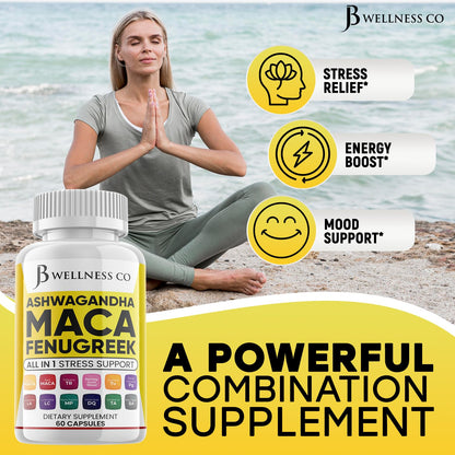 JB WELLNESS CO Ashwagandha Maca Fenugreek Supplement with Tongkat Ali & Ginseng - Mood & Thyroid Support - Made in USA - 120 Count