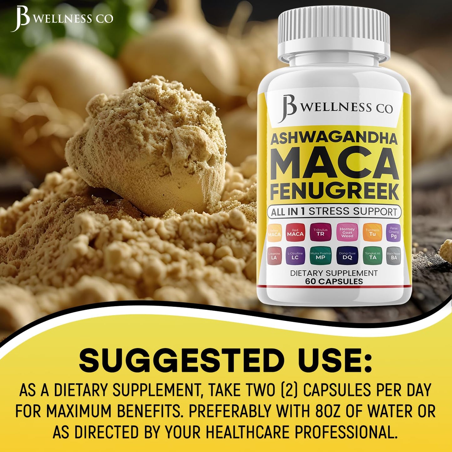 JB WELLNESS CO Ashwagandha Maca Fenugreek Supplement with Tongkat Ali & Ginseng - Mood & Thyroid Support - Made in USA - 120 Count