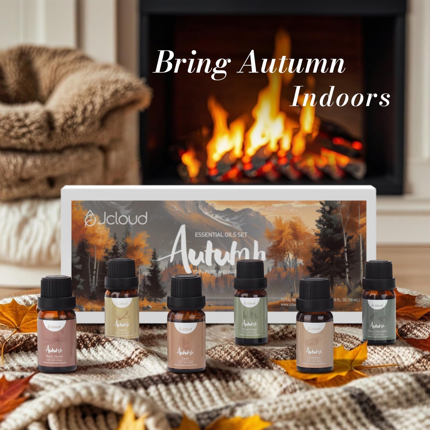 JCLOUD Fall Essential Oils for Diffusers - 6x10mL Autumn Gift Set (Black Vanilla, Cinnamon & Santal)