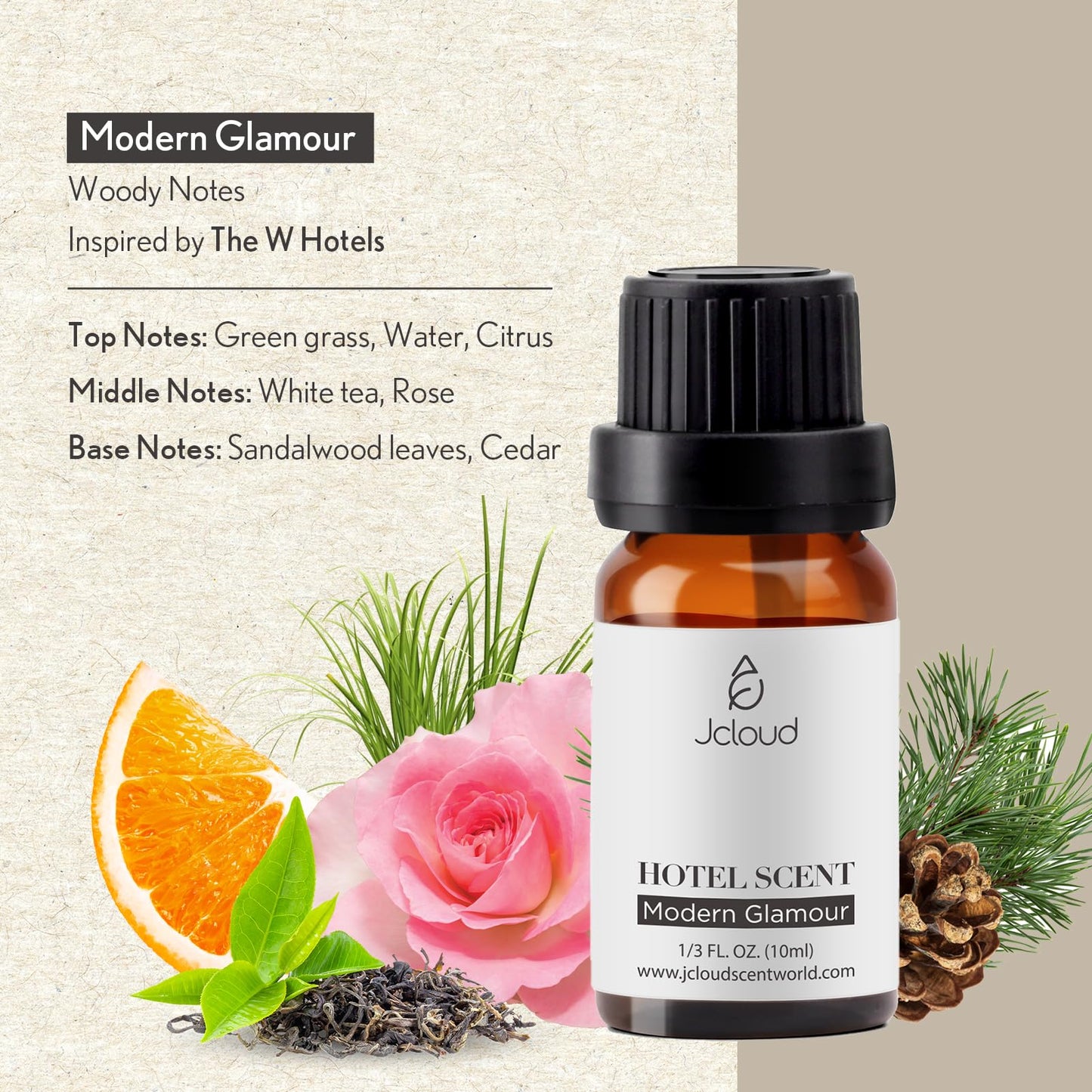 JCLOUD Modern Glamour Essential Oil – W Hotel Inspired Rose & Cedarwood Diffuser Oil, 10mL