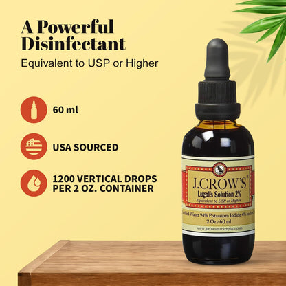 J.CROW'S Lugol's Iodine 2% Solution – 2 oz, Premium Iodine & Potassium Iodide, Gluten & Alcohol-Free, No Expiration