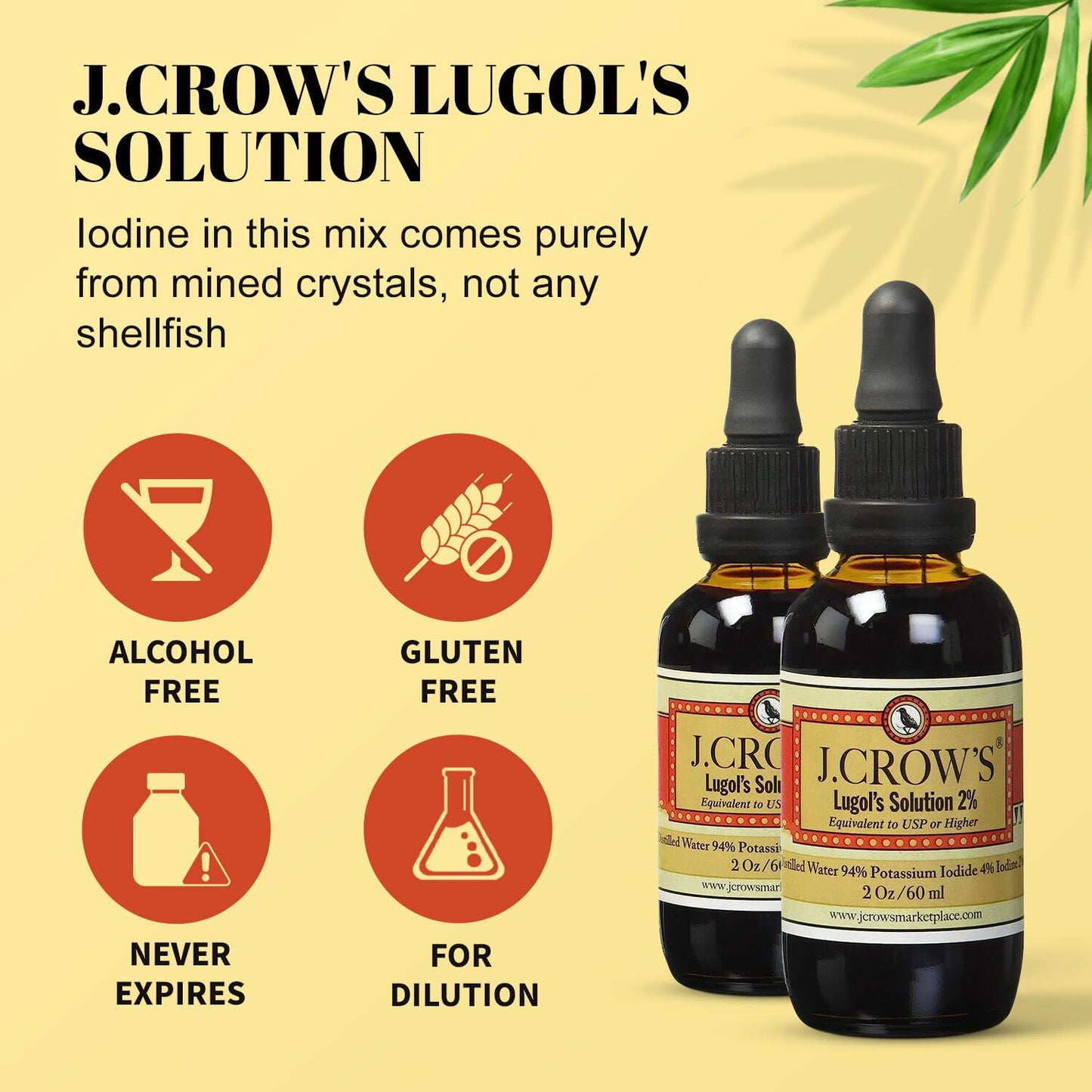 J.CROW'S Lugol's Iodine 2% Solution – 2 oz, Premium Iodine & Potassium Iodide, Gluten & Alcohol-Free, No Expiration